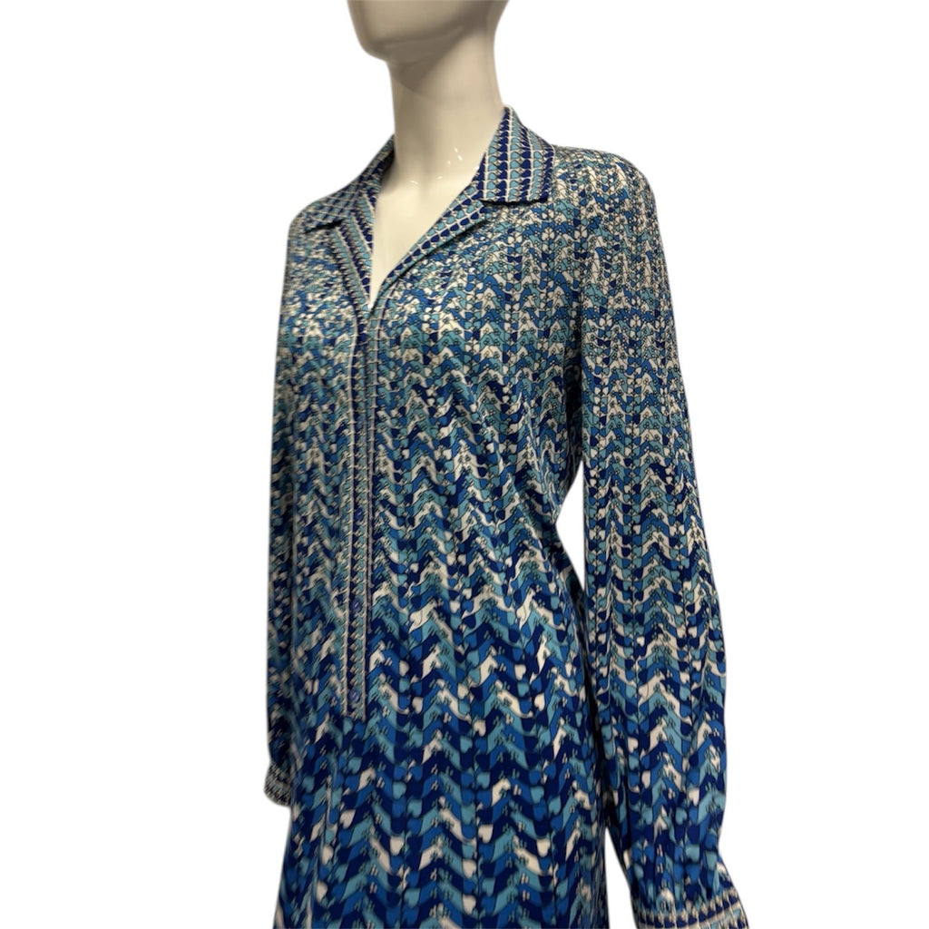 Vintage 60's 70's Dress 14 Blue Patterned Shirt Midi Mod True Retro Geometric