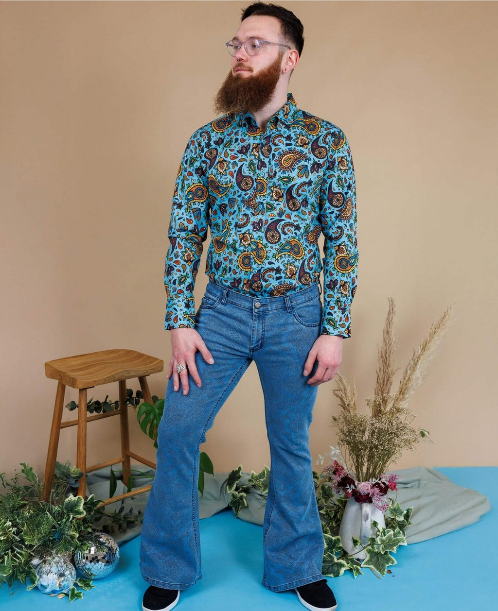 70's Blue Denim Paisley Print Bell Bottom Flares Jeans by Run and Fly