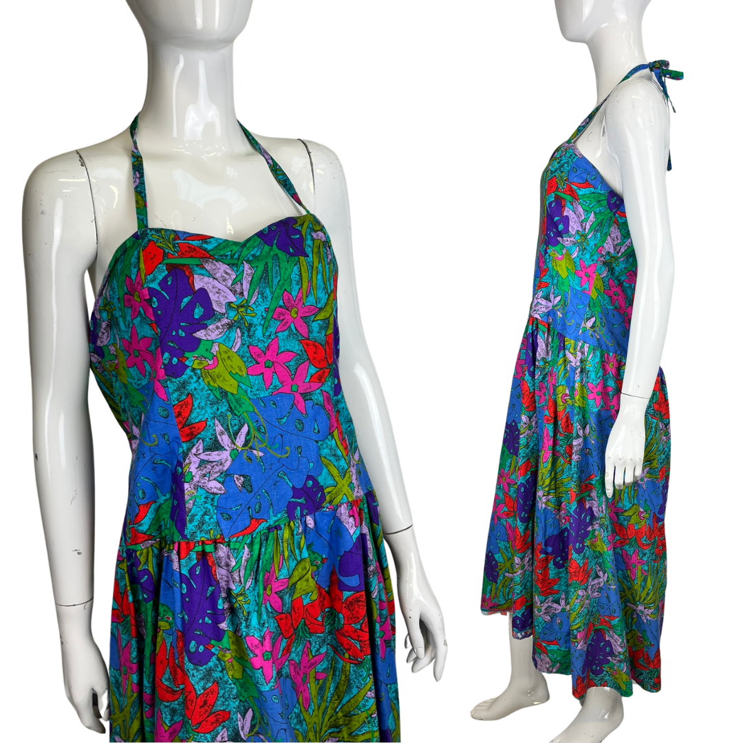 Vintage 80's Dress 14-16 Tropical Corset Halterneck Bright Colourful Party