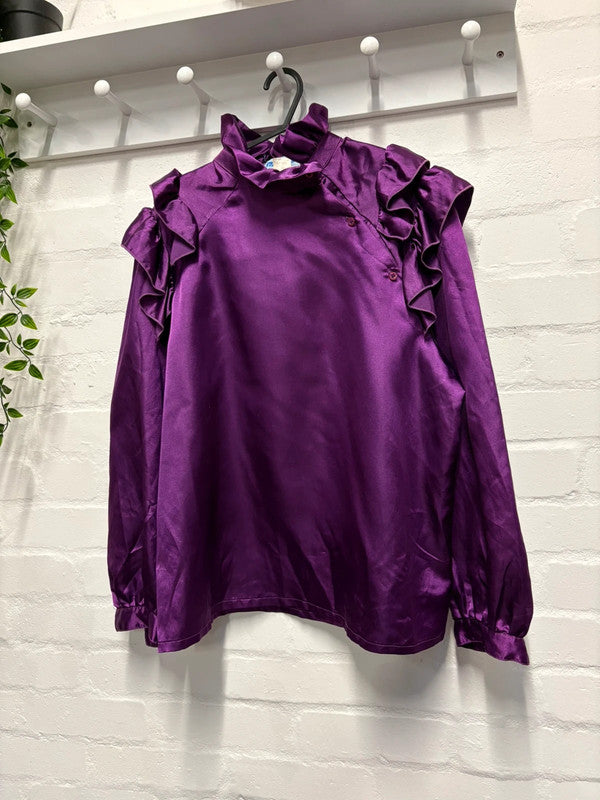 Vintage Blouse 10 12 Purple Satin Ruffle Shoulders True Retro Dramatic