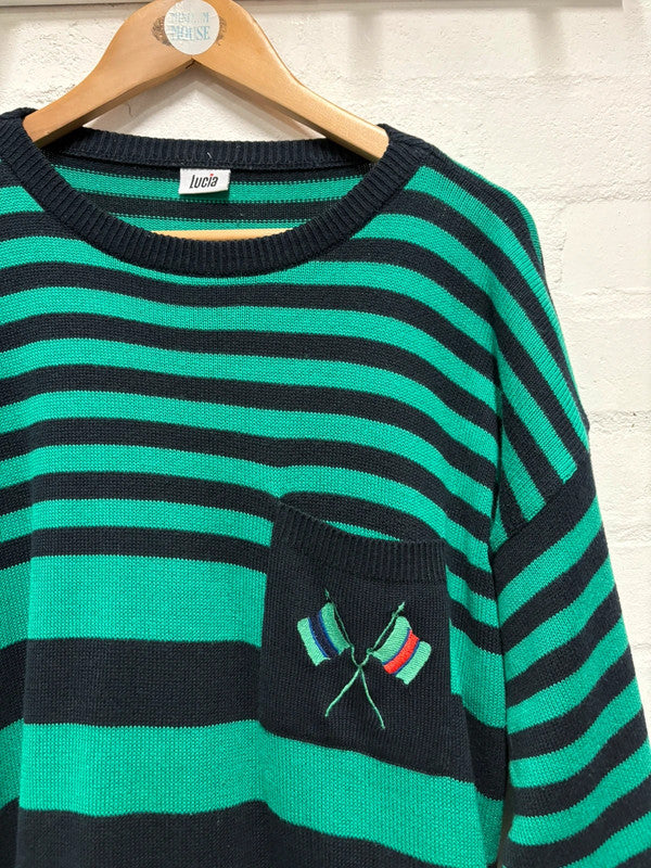 Vintage 80’s Stripy Jumper L 16 Striped Green Blue Retro