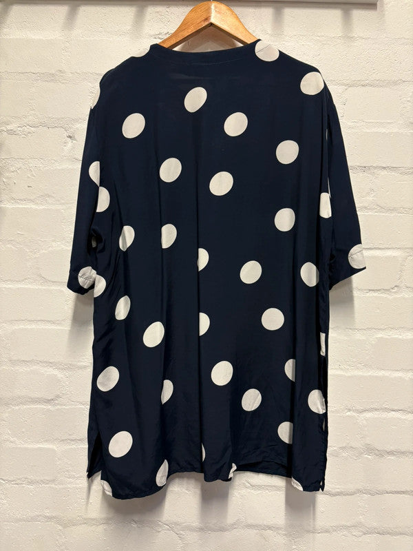 Polka Dot Blouse L XL 16 18 Retro 80’s Vintage Navy White