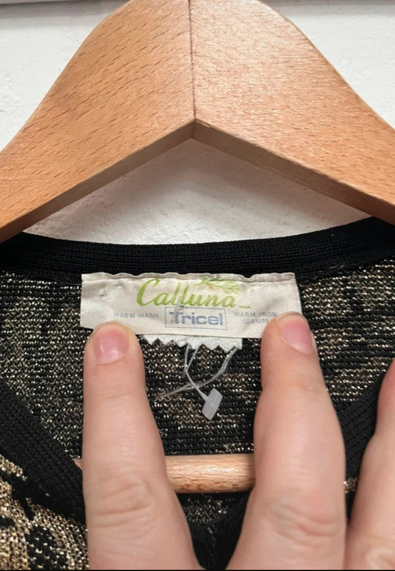 Vintage Cardigan 60’s 70’s 12-14 Black Gold Floral Mod Retro True