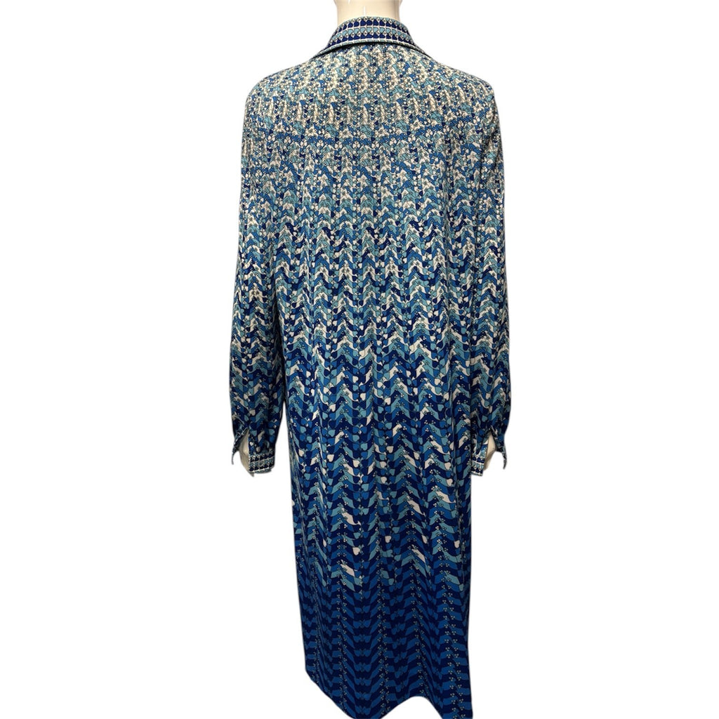 Vintage 60's 70's Dress 14 Blue Patterned Shirt Midi Mod True Retro Geometric