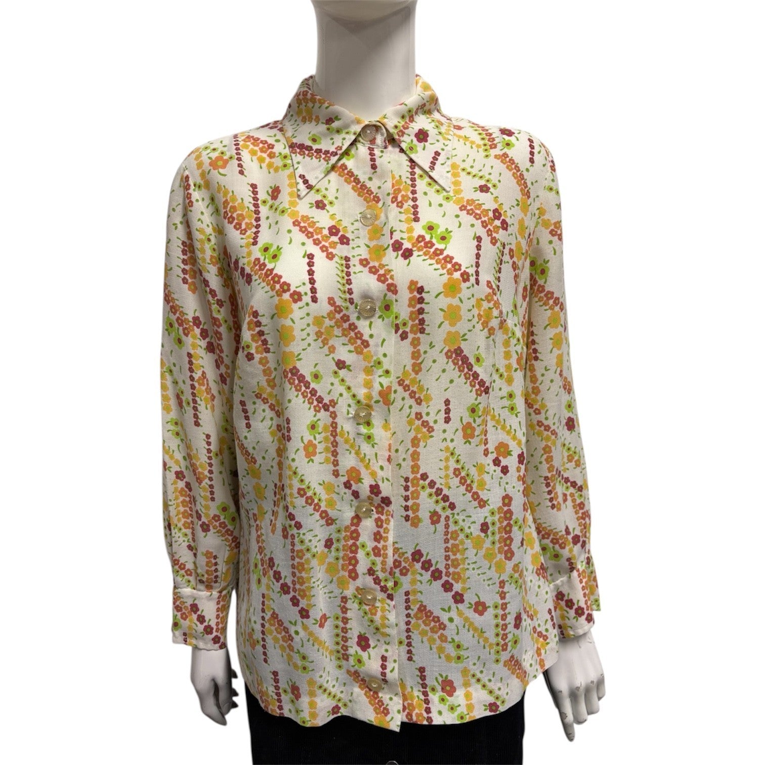 Vintage 70's Print Blouse Shirt Sharp Pointy Collar 12 14 Floral Mod True Cream