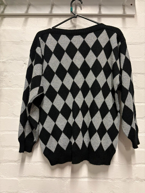 Vintage 80's Black Silver Diamond Jumper 10 12 Sparkly Crazy Pattern