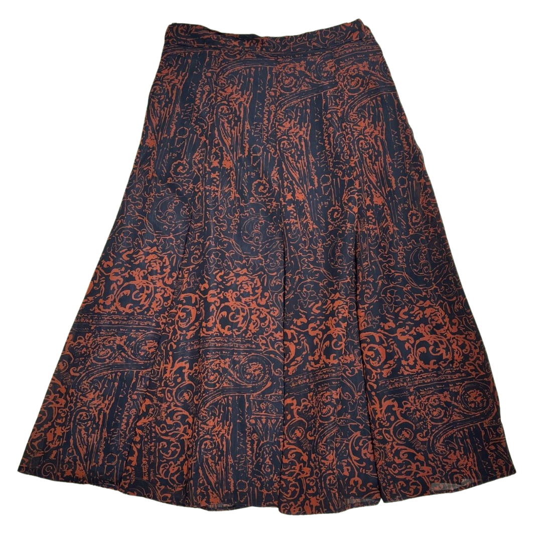 Vintage 80's Skirt Brown Navy Graphic Print Midi 12-14 Retro True Abstract