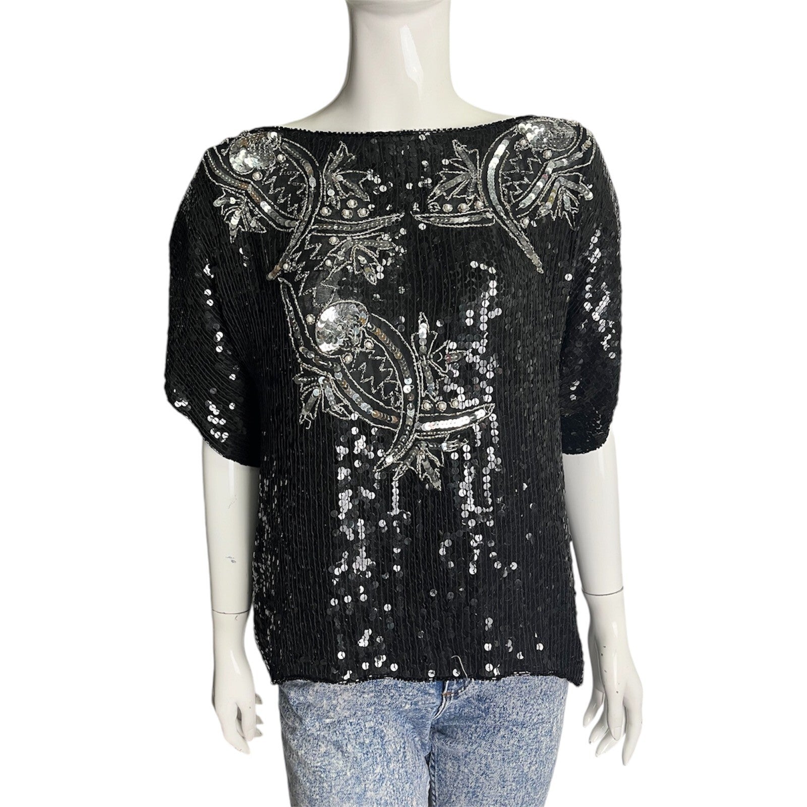 Vintage 80's Black Sequin Top L 12/14 Beaded Glitzy Evening Party Glam