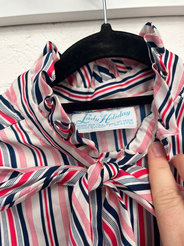 Vintage Pussy Bow Blouse 12 14 Stripe Red White Blue 70’s 80’s