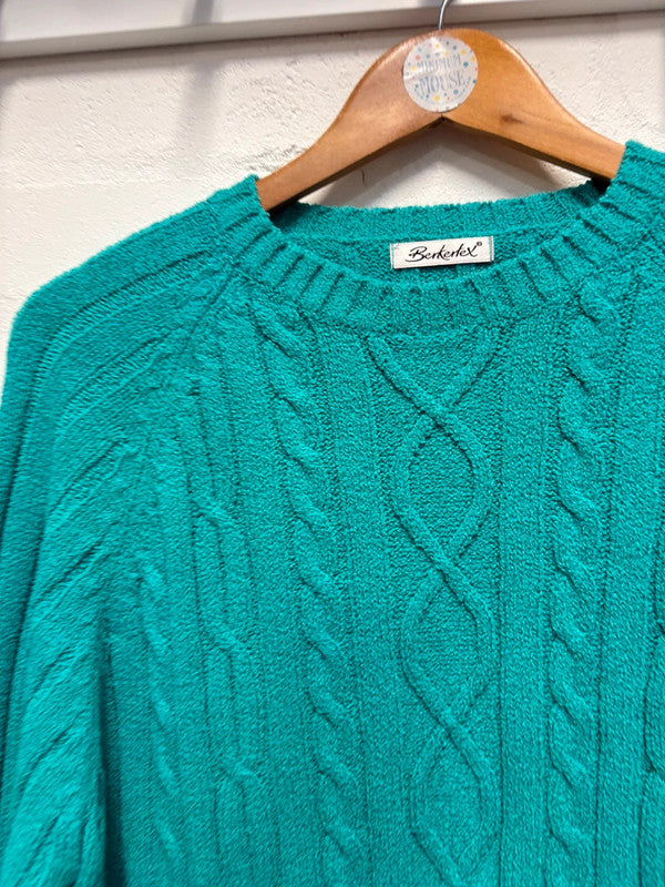 Vintage Green Cable Knit Jumper 18-20 L/XL Retro Cosy