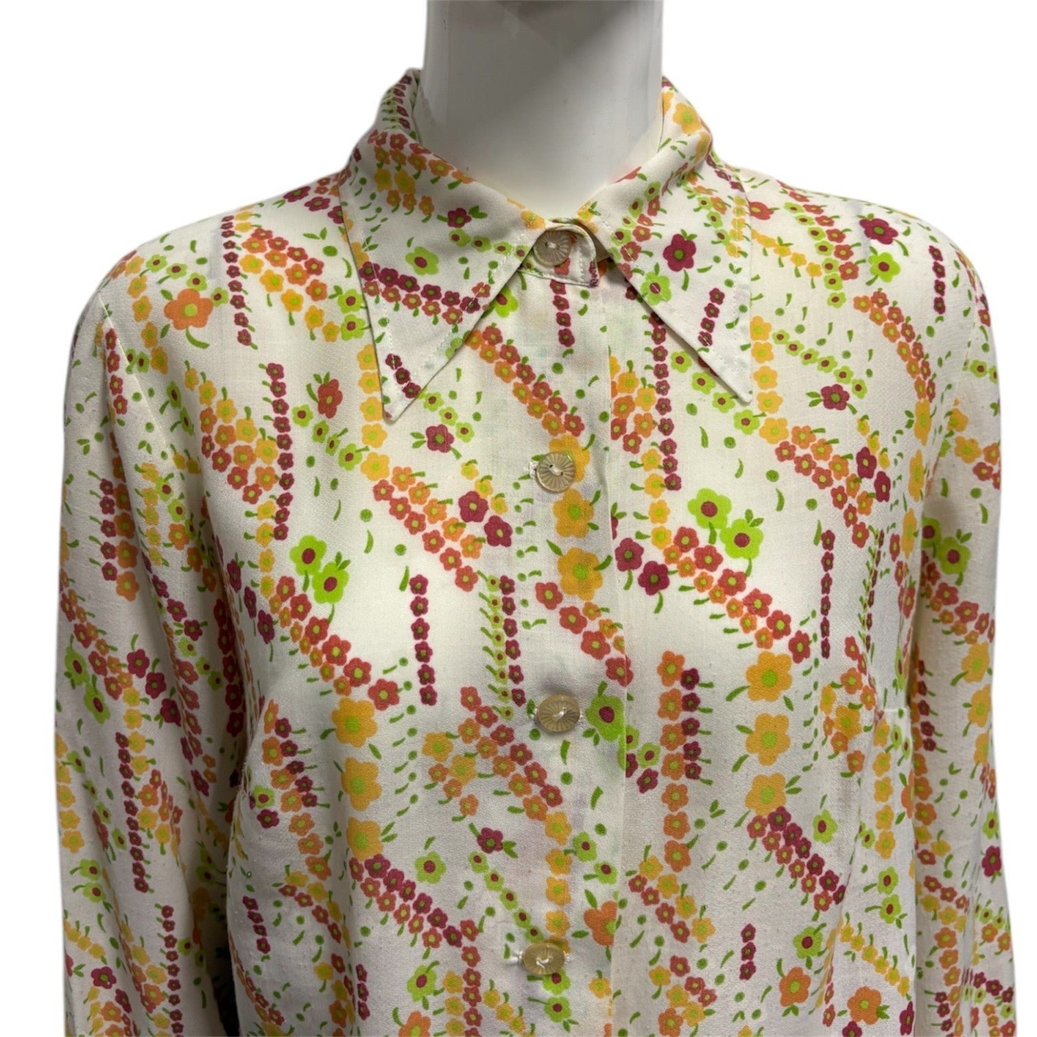 Vintage 70's Print Blouse Shirt Sharp Pointy Collar 12 14 Floral Mod True Cream