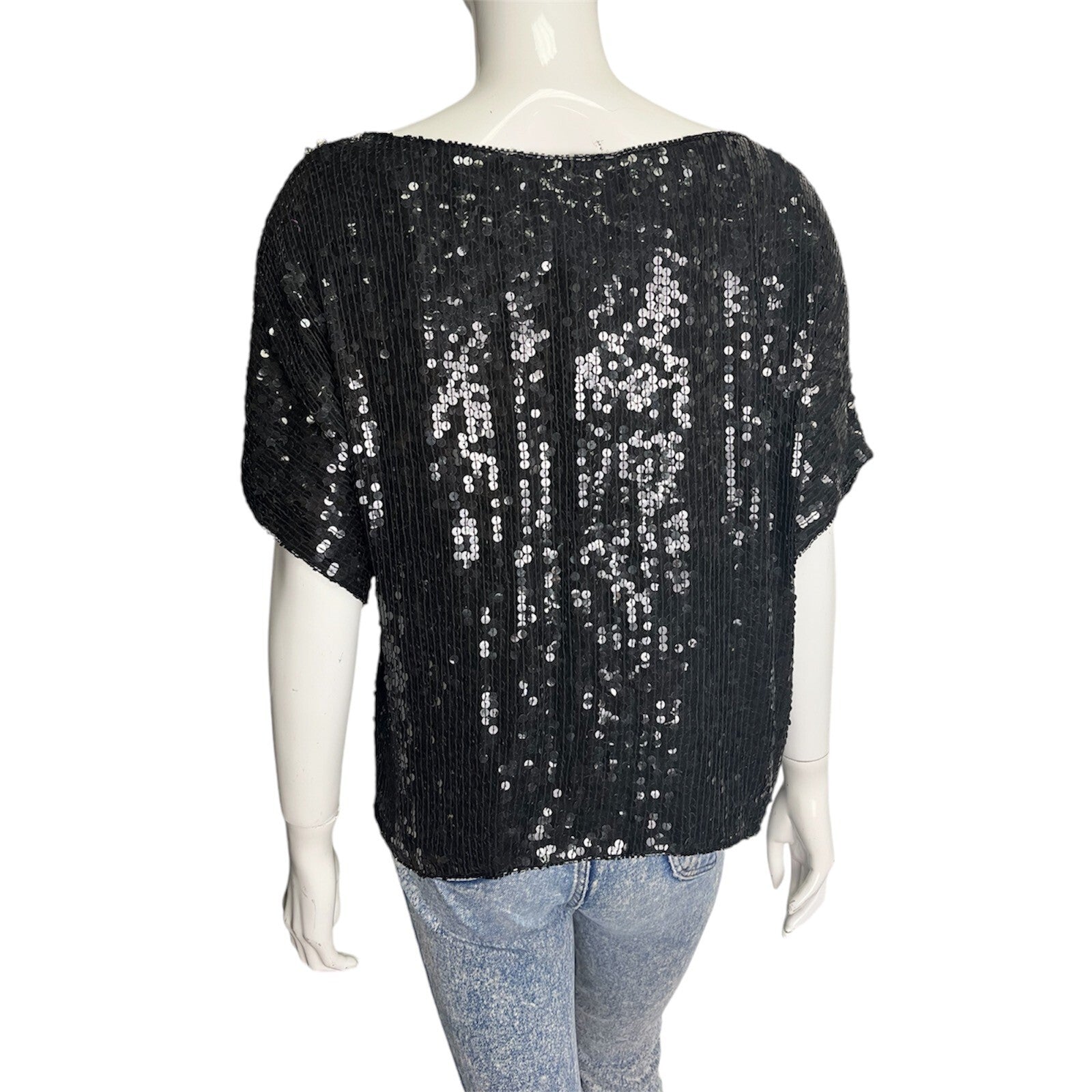 Vintage 80's Black Sequin Top L 12/14 Beaded Glitzy Evening Party Glam