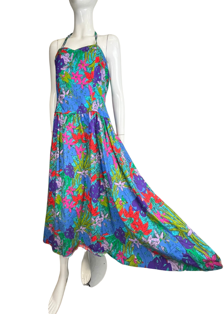 Vintage 80's Dress 14-16 Tropical Corset Halterneck Bright Colourful Party