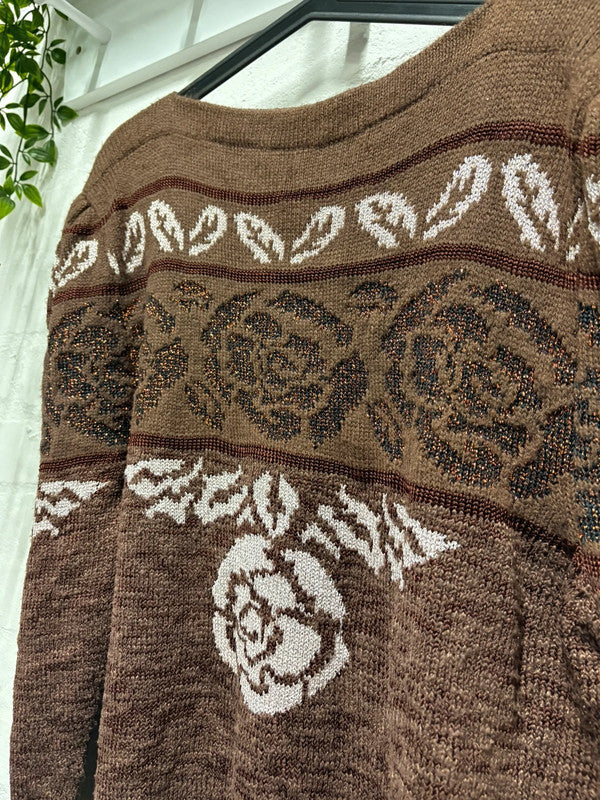 Vintage 80’s Jumper Brown Floral Pattern M/L 12 14 Cottagecore Cottage Retro