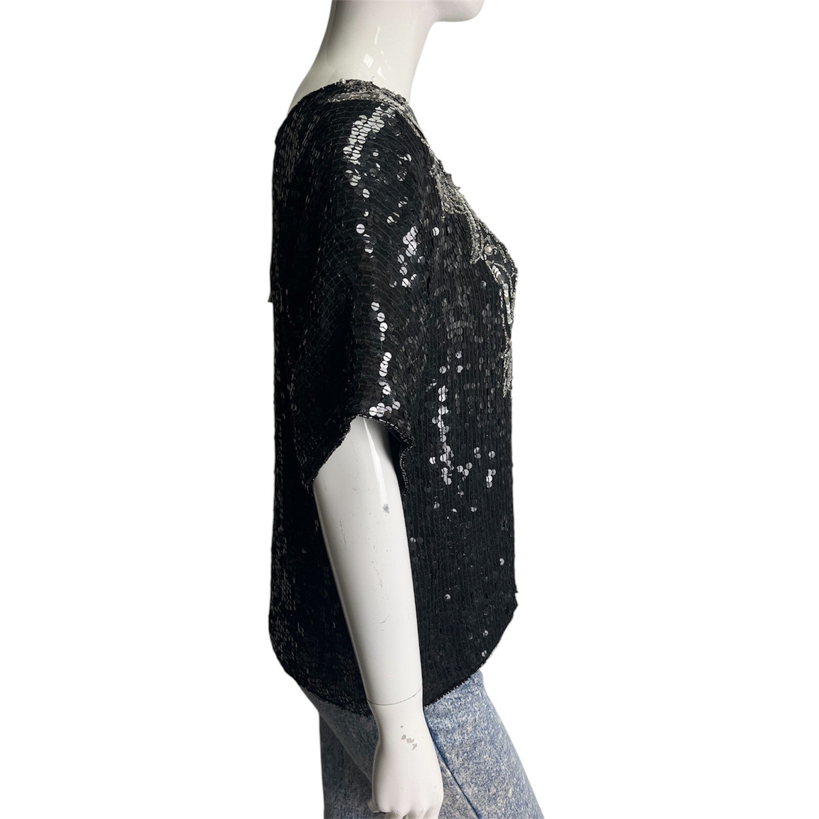 Vintage 80's Black Sequin Top L 12/14 Beaded Glitzy Evening Party Glam