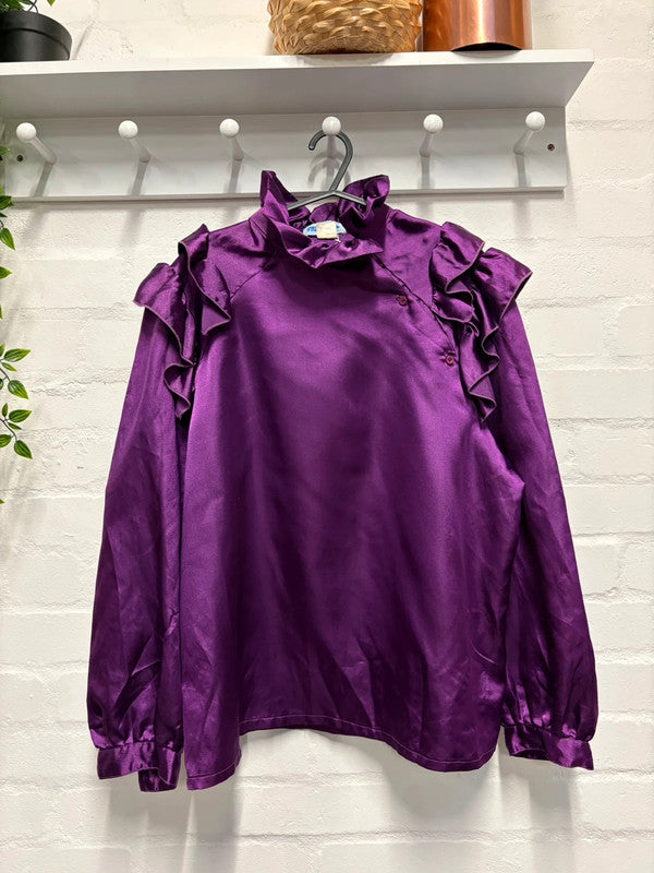 Vintage Blouse 10 12 Purple Satin Ruffle Shoulders True Retro Dramatic