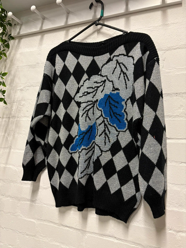 Vintage 80's Black Silver Diamond Jumper 10 12 Sparkly Crazy Pattern