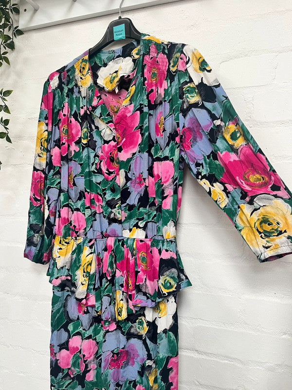 Vintage Dress 12 14 80’s Pink Floral Print Tropical Midi Retro