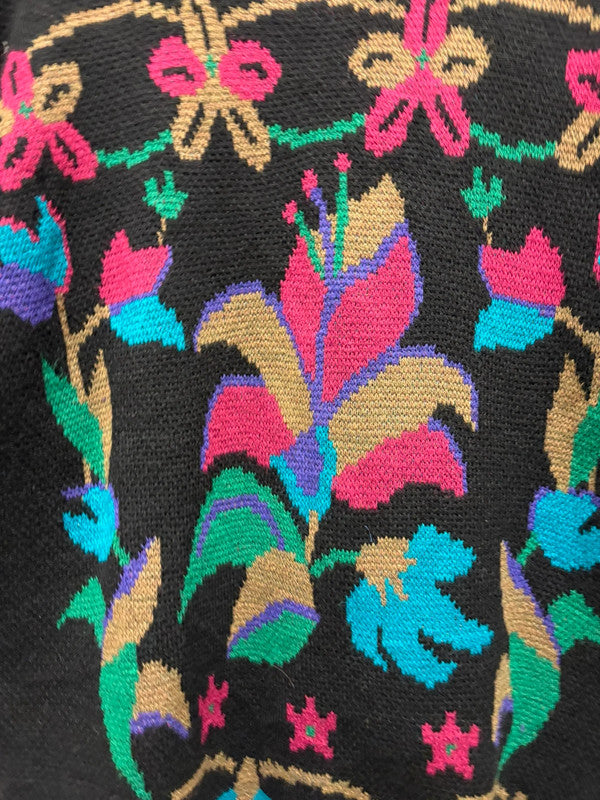 Vintage 80’s Jumper L Black Pink Floral Crazy Pattern Retro True