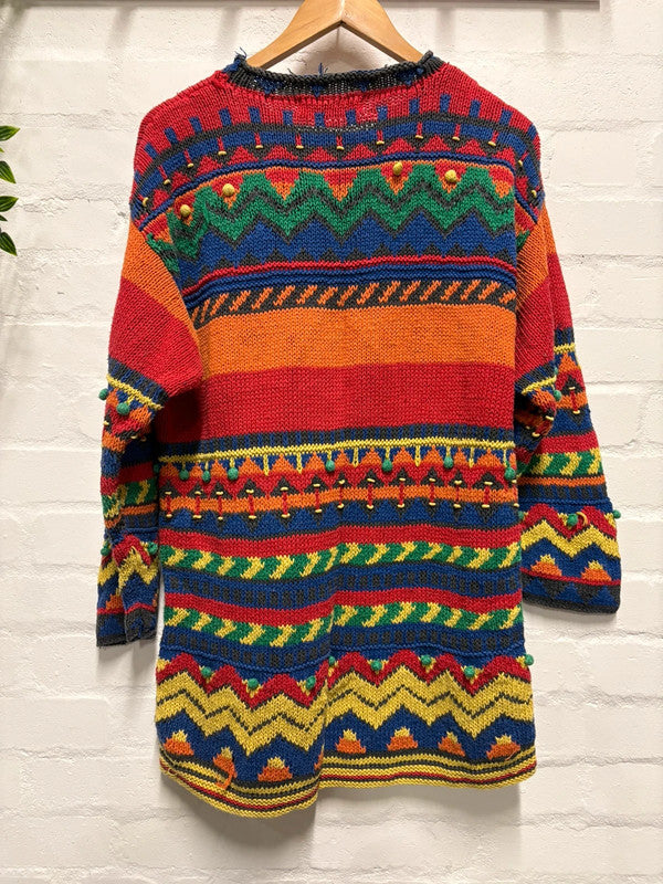 Vintage 90's Jumper L Rainbow Colours Bright Zigzag Pattern Crazy