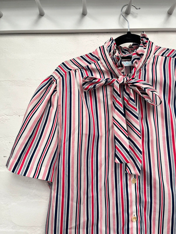 Vintage Pussy Bow Blouse 12 14 Stripe Red White Blue 70’s 80’s