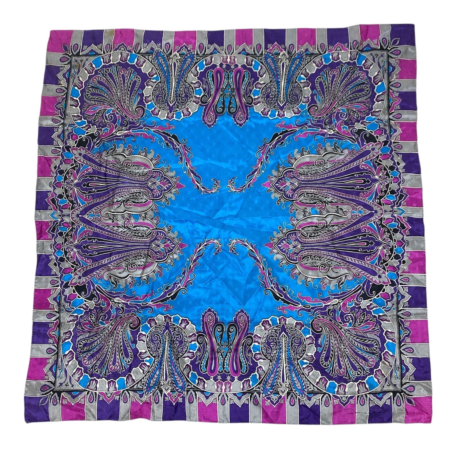 Oscar De La Renta Floral Silk Scarf Purple Pink Blue Designer Square Headscarf