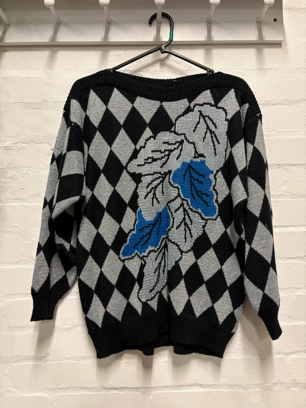Vintage 80's Black Silver Diamond Jumper 10 12 Sparkly Crazy Pattern