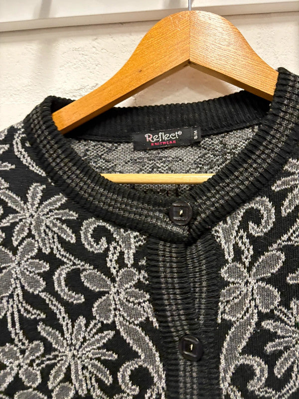 Vintage 80’s Cardigan S/M Black Grey Pattern Retro Alt Goth Cosy