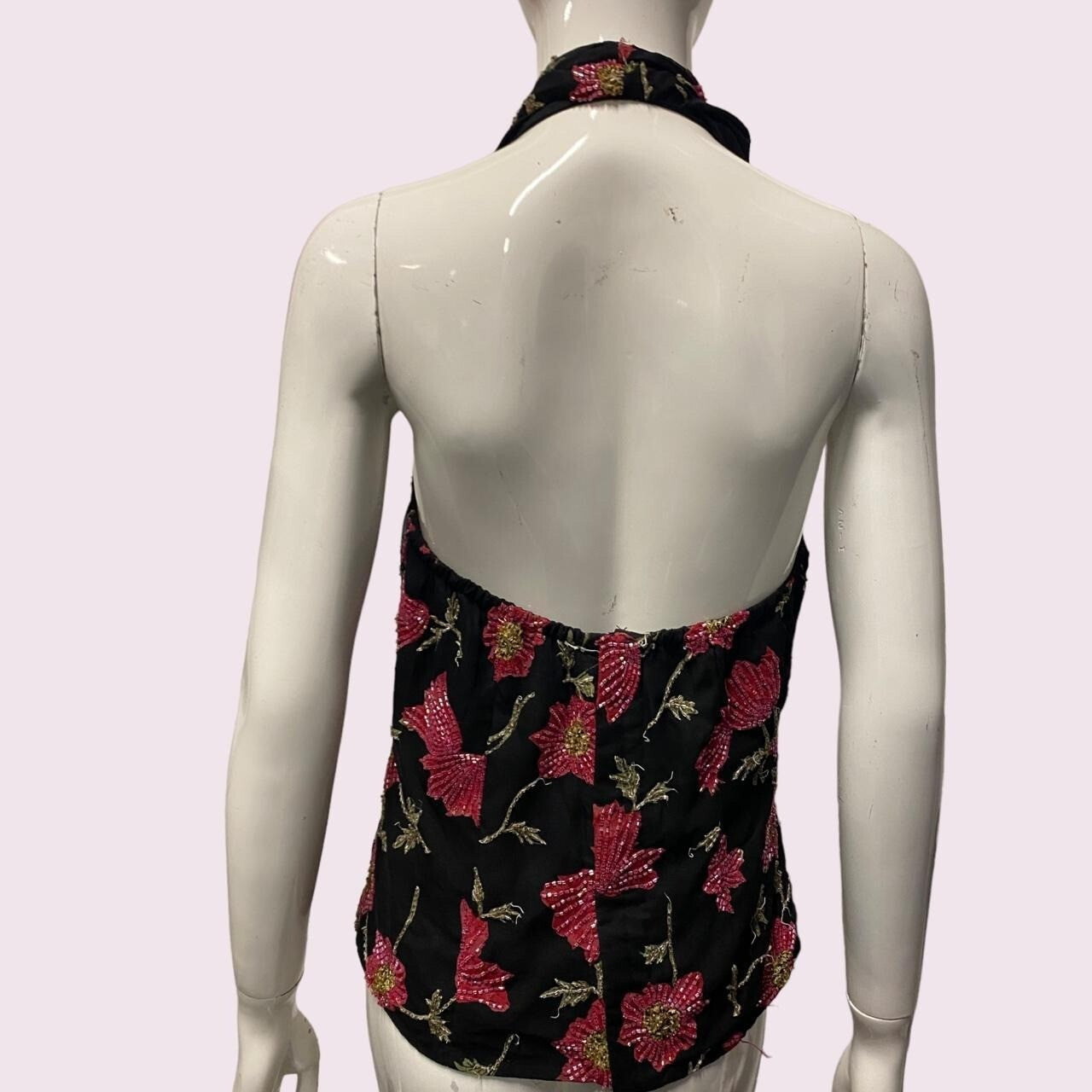 Vintage 90's 50's Style Black Pink Floral Sequin Top L/XL 14-16 Halterneck