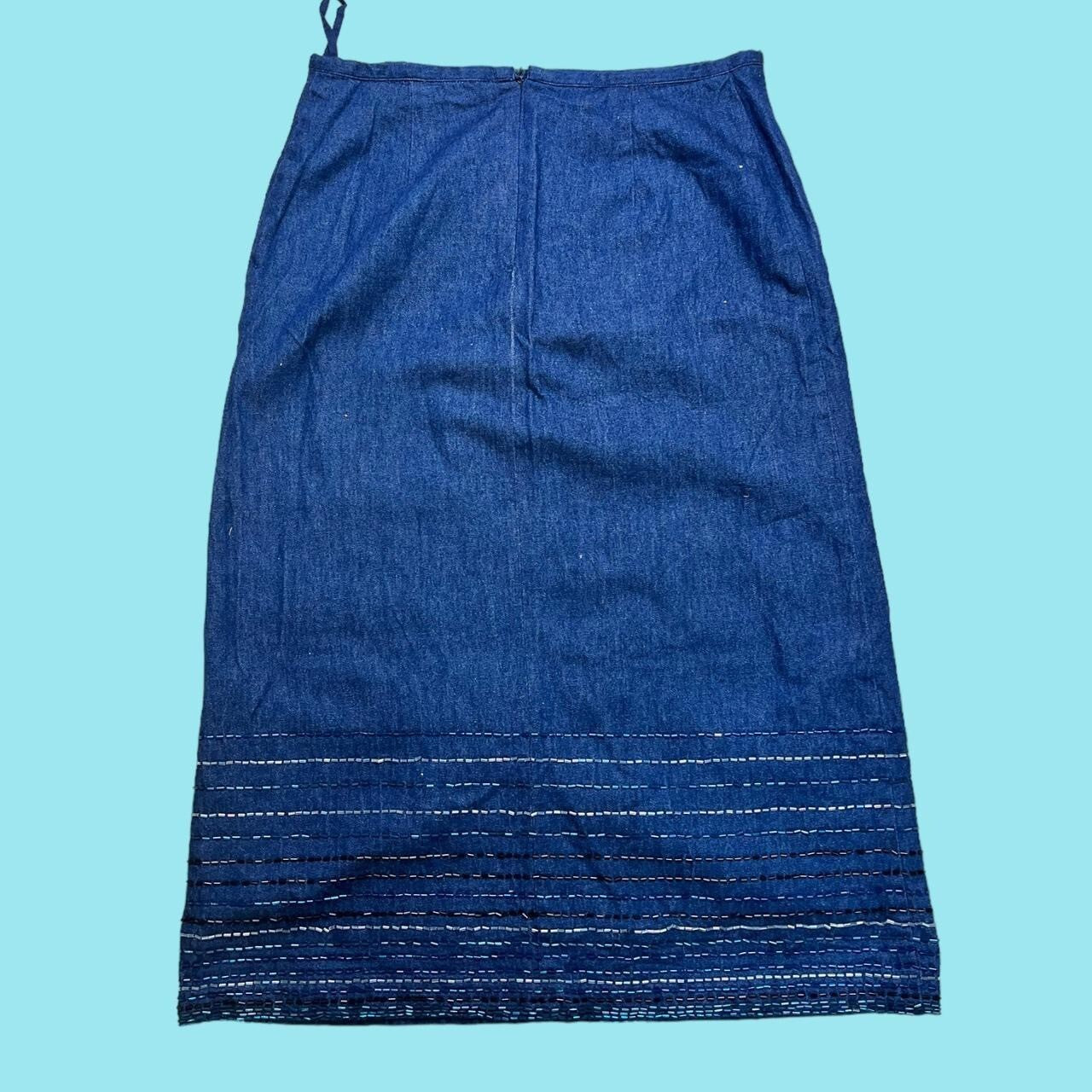 Vintage Y2K French Connection Denim Midi Skirt 10 Beaded Trim Mid Blue FCUK