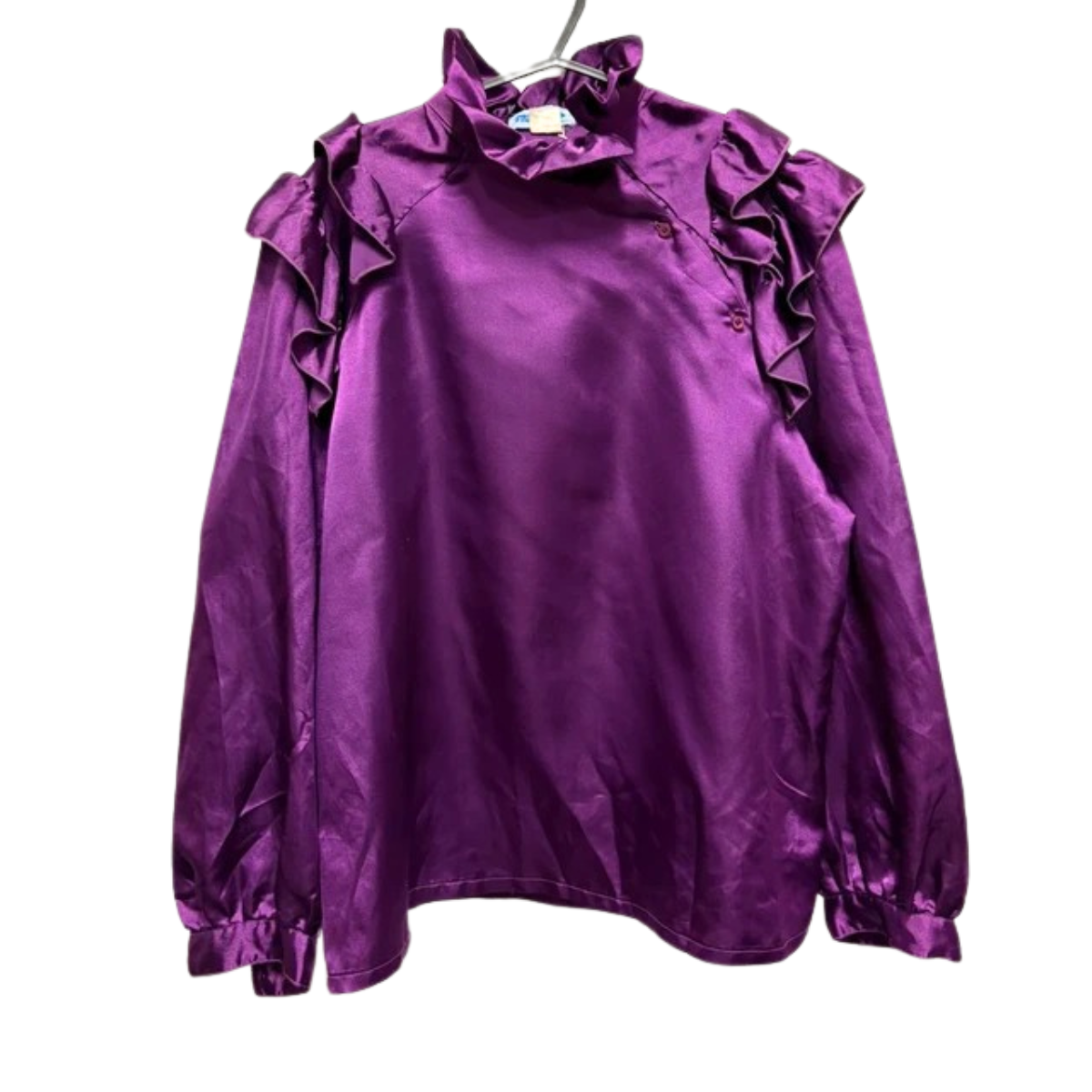 Vintage Blouse 10 12 Purple Satin Ruffle Shoulders True Retro Dramatic