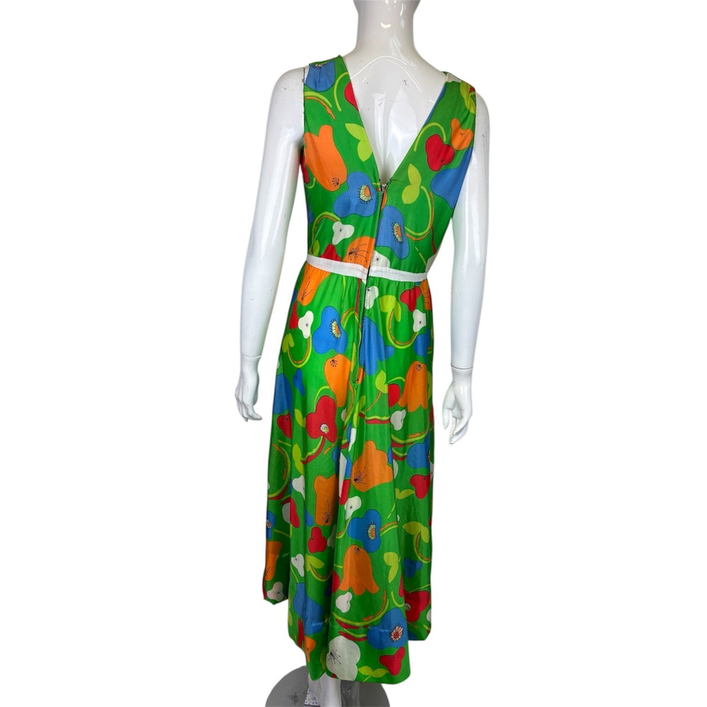 Vintage 60's 70's Midi Dress 8 Green Pear Print Groovy Psych Tropical Party