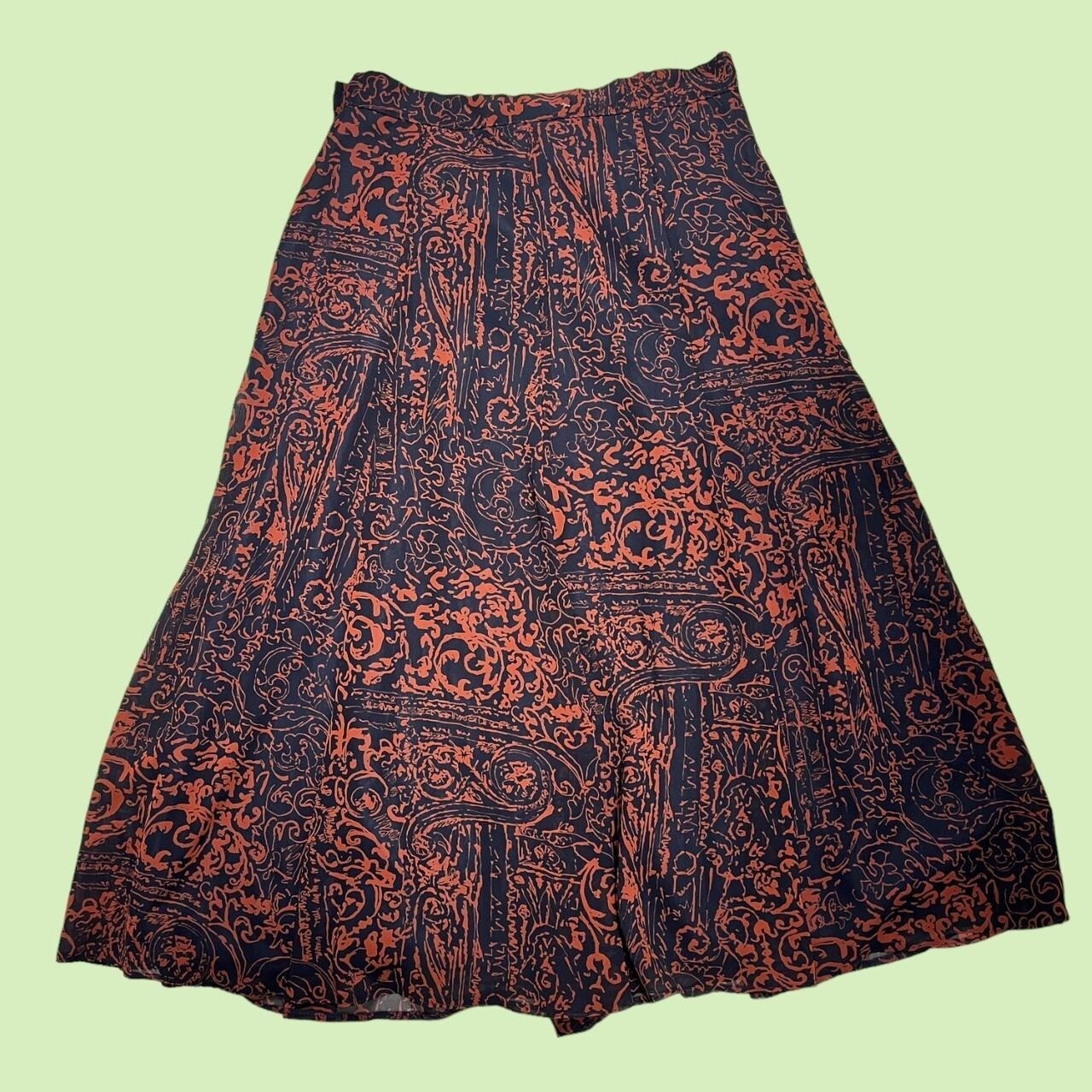 Vintage 80's Skirt Brown Navy Graphic Print Midi 12-14 Retro True Abstract