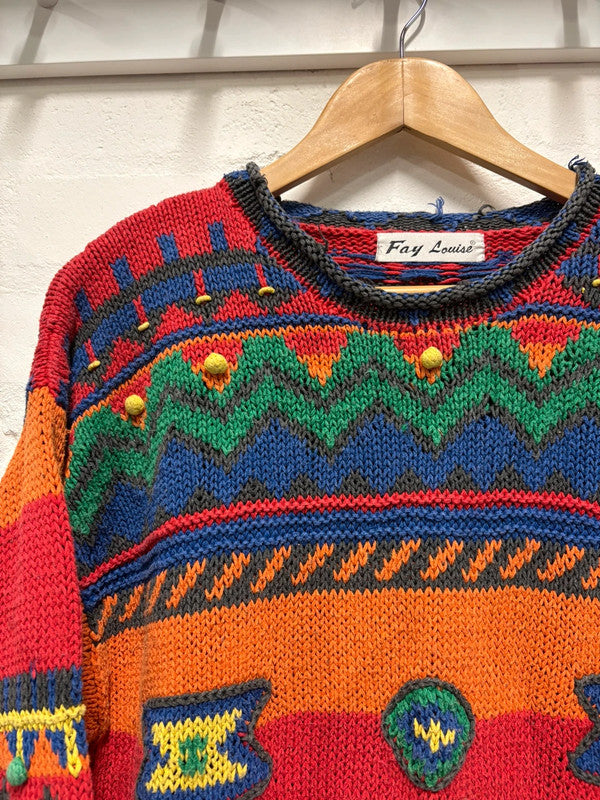 Vintage 90's Jumper L Rainbow Colours Bright Zigzag Pattern Crazy