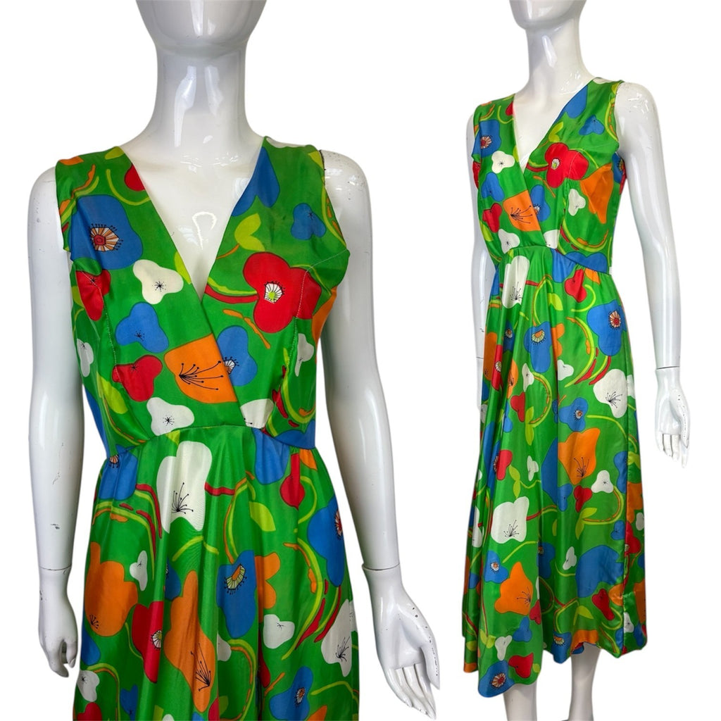 Vintage 60's 70's Midi Dress 8 Green Pear Print Groovy Psych Tropical Party
