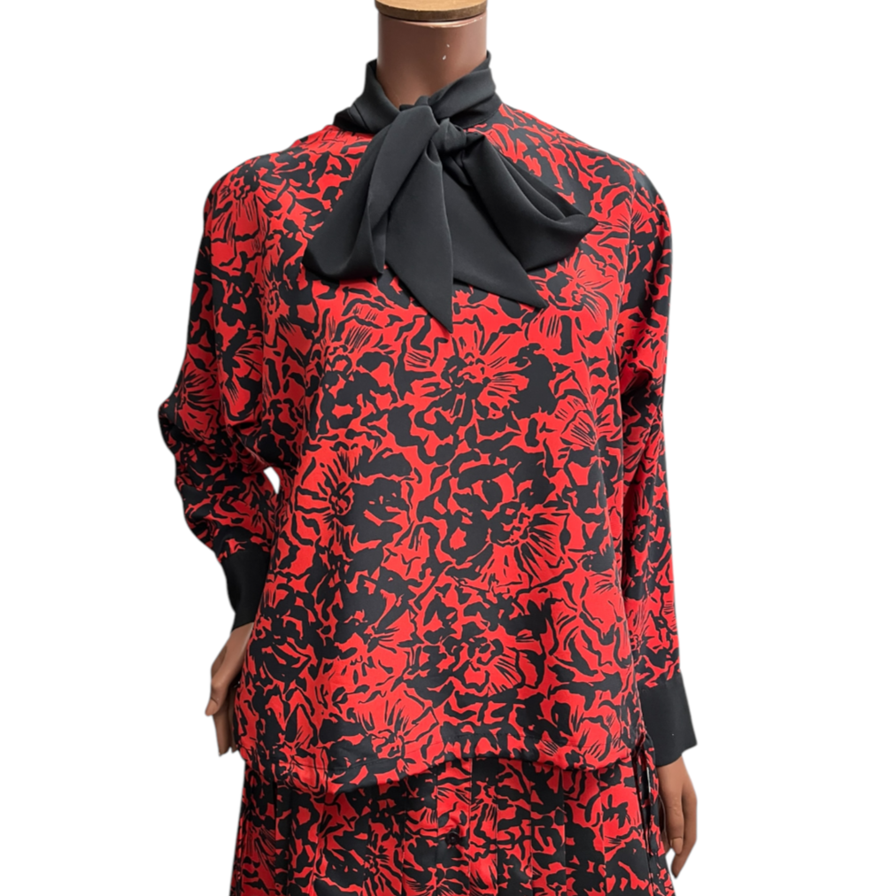 Vintage 80's JEAN BAILLY Blouse Skirt Set 14 Suit Co Ord Red Black 2 Piece