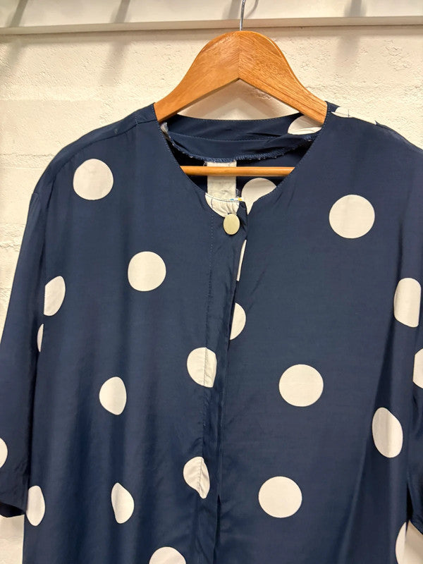 Polka Dot Blouse L XL 16 18 Retro 80’s Vintage Navy White