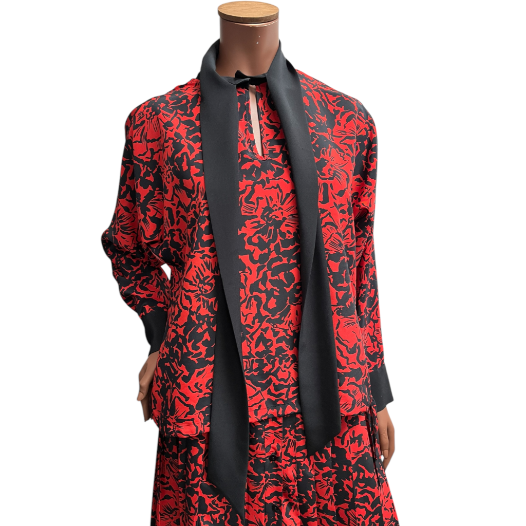 Vintage 80's JEAN BAILLY Blouse Skirt Set 14 Suit Co Ord Red Black 2 Piece