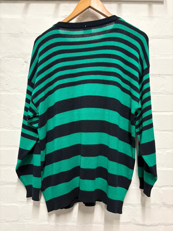 Vintage 80’s Stripy Jumper L 16 Striped Green Blue Retro