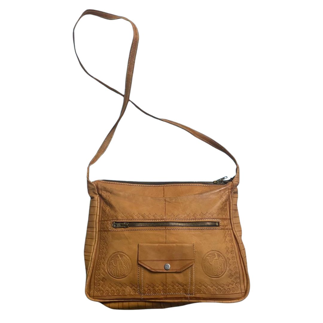 Vintage 70's Tooled Leather Handbag Brown Tan Hippy Boho Retro Camel