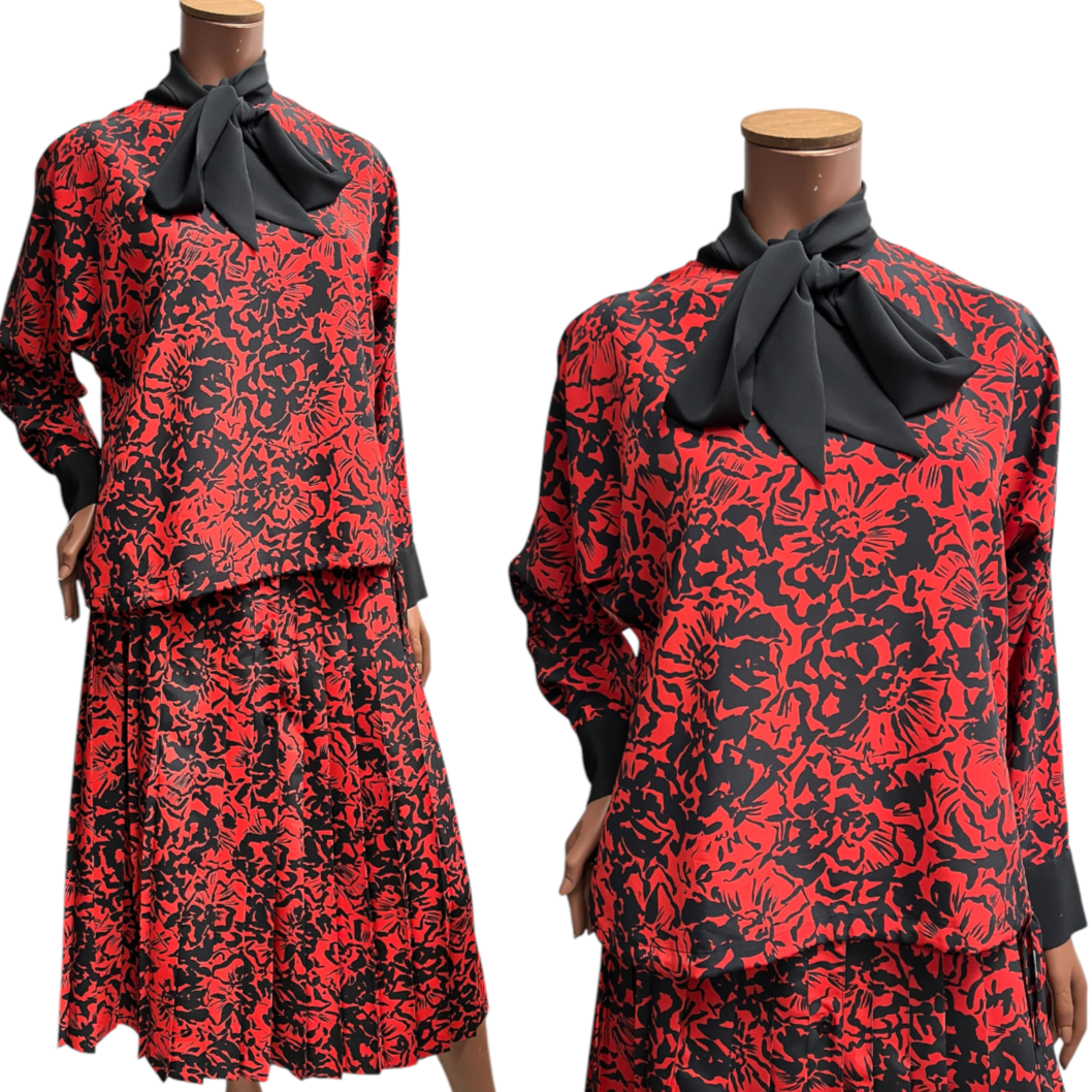 Vintage 80's JEAN BAILLY Blouse Skirt Set 14 Suit Co Ord Red Black 2 Piece