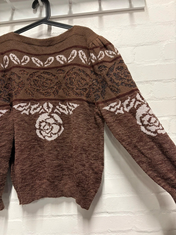 Vintage 80’s Jumper Brown Floral Pattern M/L 12 14 Cottagecore Cottage Retro