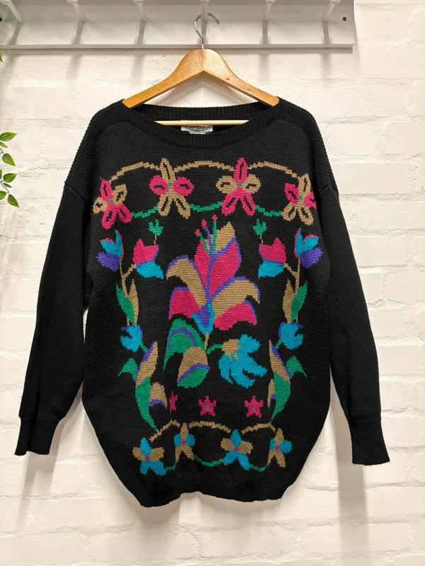 Vintage 80’s Jumper L Black Pink Floral Crazy Pattern Retro True