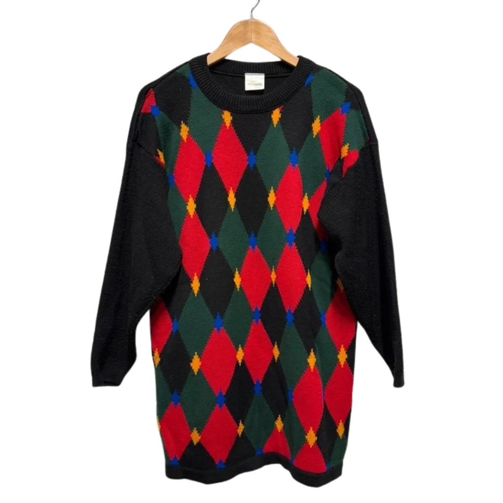 Vintage 80's Jumper L 14 16 Diamond Pattern Bright Crazy Knit Long