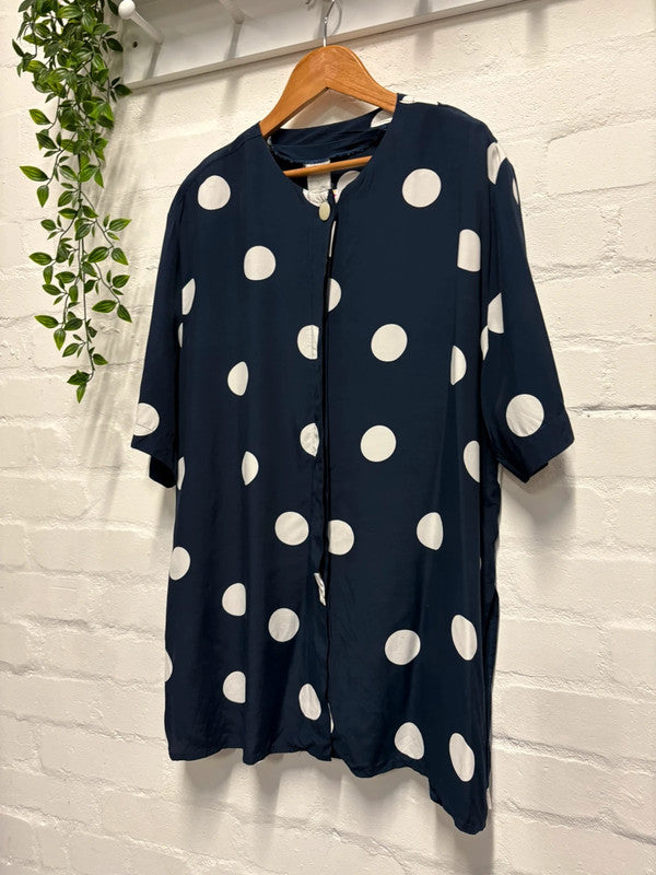 Polka Dot Blouse L XL 16 18 Retro 80’s Vintage Navy White