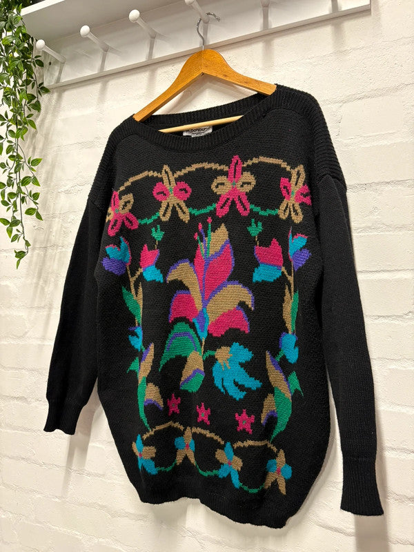 Vintage 80’s Jumper L Black Pink Floral Crazy Pattern Retro True