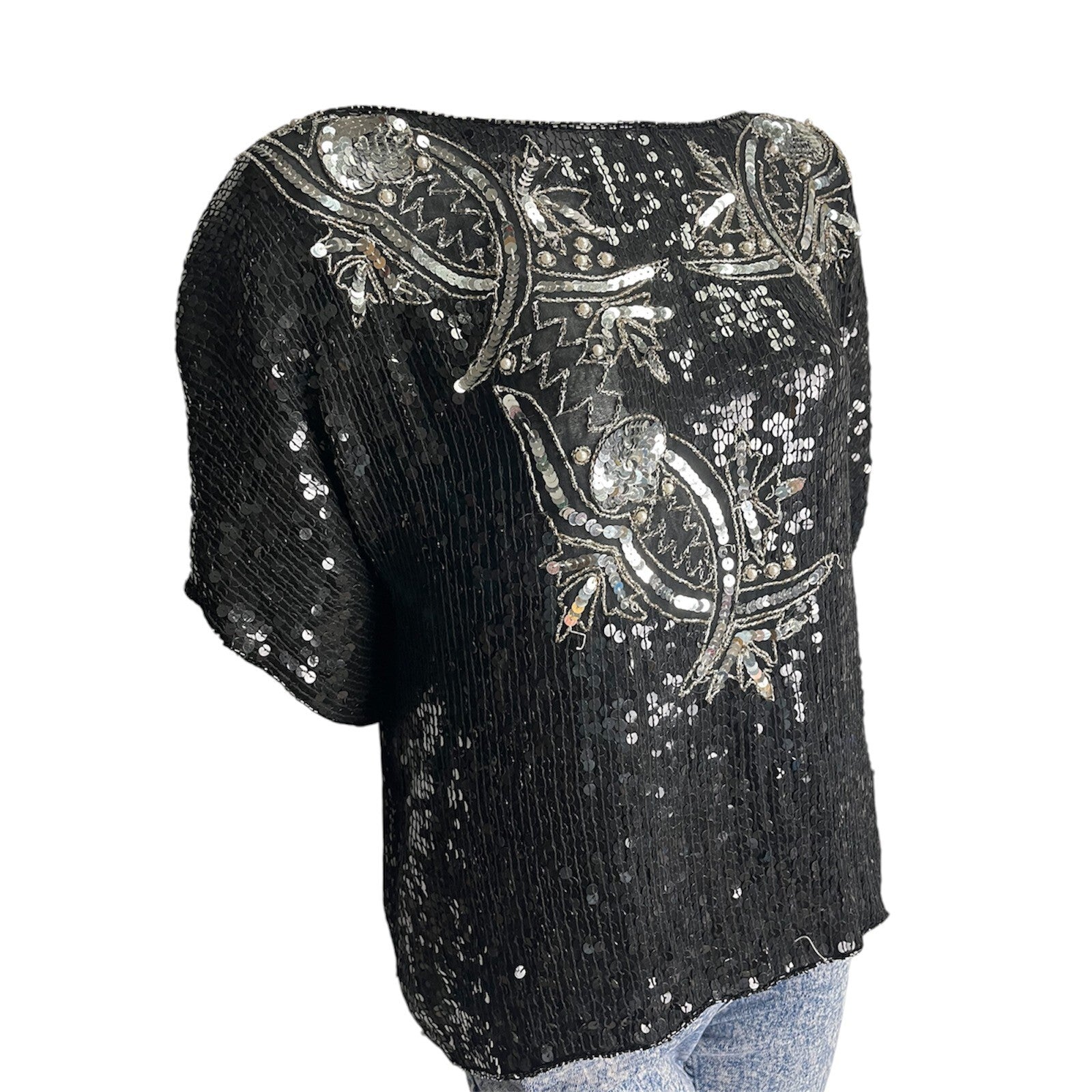 Vintage 80's Black Sequin Top L 12/14 Beaded Glitzy Evening Party Glam