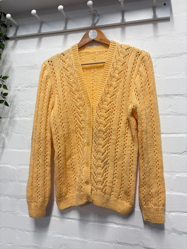 Vintage Yellow Cardigan L Hand Knit Cable Chunky Cosy