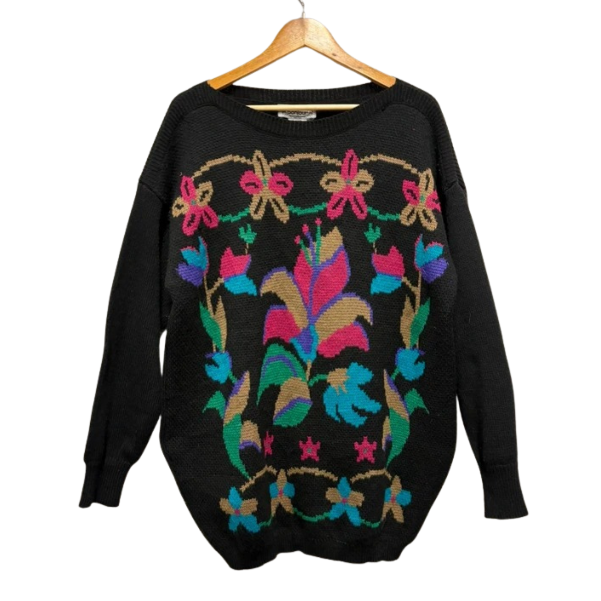 Vintage 80’s Jumper L Black Pink Floral Crazy Pattern Retro True