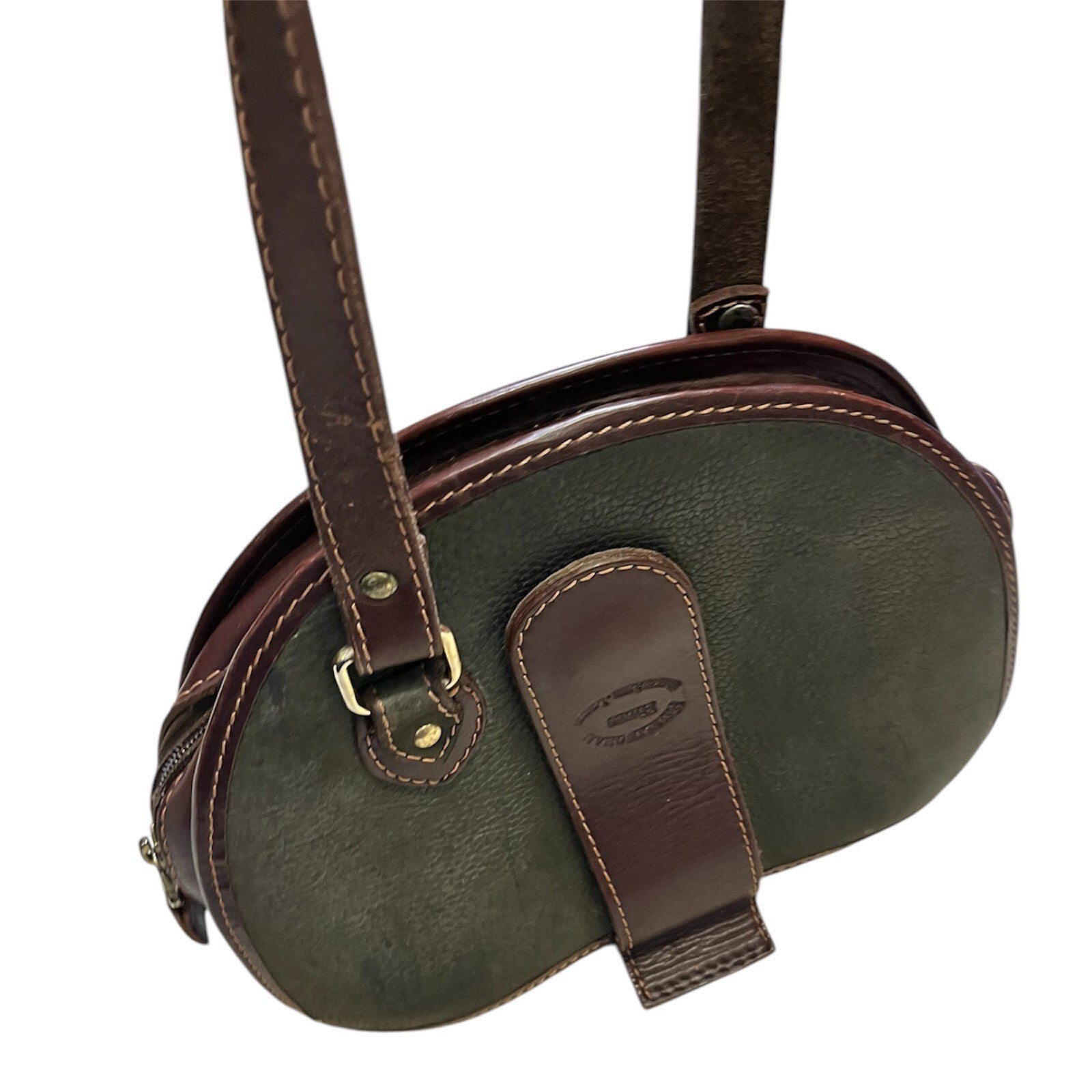 Vintage 80's Leather Shoulder Bag Green Brown Retro Classic Heritage